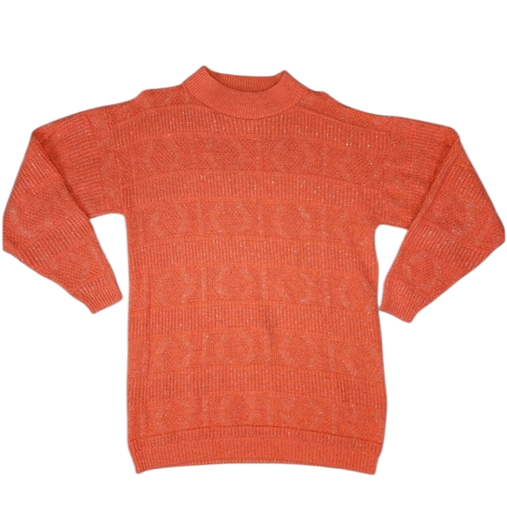 Vintage Sweater Knit Cozy Orange Sweater Metallic Shimmer Medium Made In USA